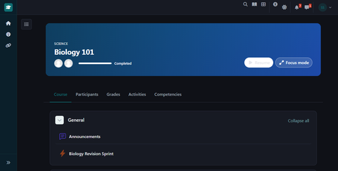 Course page in dark mode with the sidebar collapsed