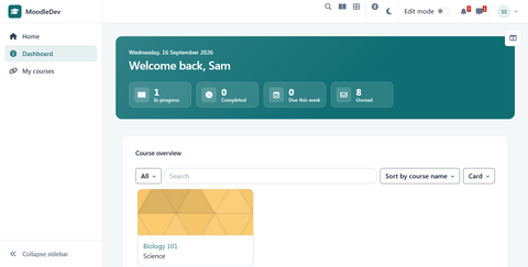 Dashboard in light mode with sidebar navigation and course cards