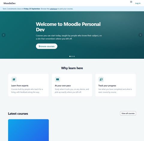 Atrium front page: hero with headline and two buttons, feature blocks, course showcase and stats strip, in Atrium Teal