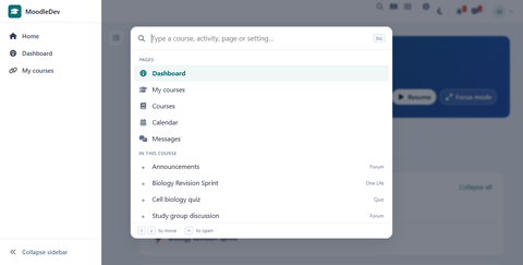 Ctrl+K command palette open with search results for courses and admin pages