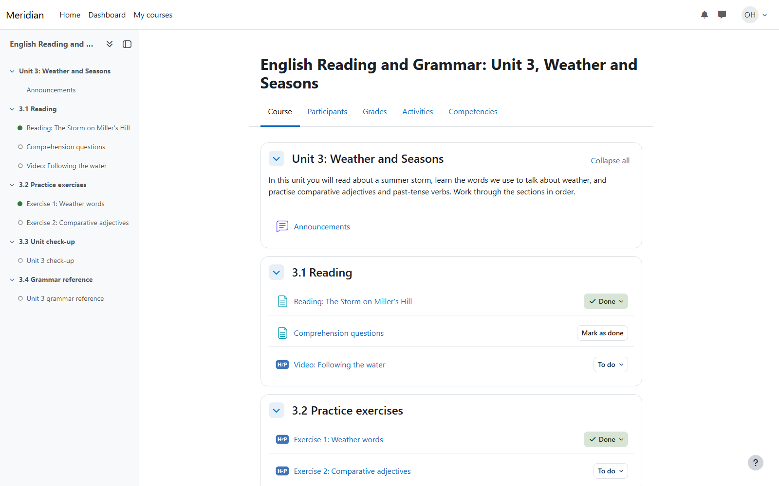 Unit 3, Weather and Seasons, as the learner sees it: reading, exercises, check-up, reference