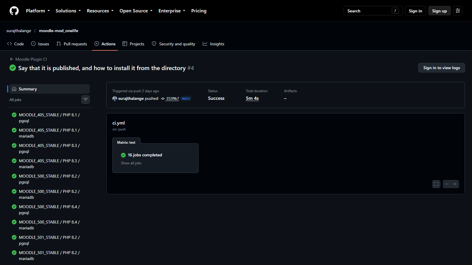 GitHub Actions: the 16-job matrix, all green, on the latest push