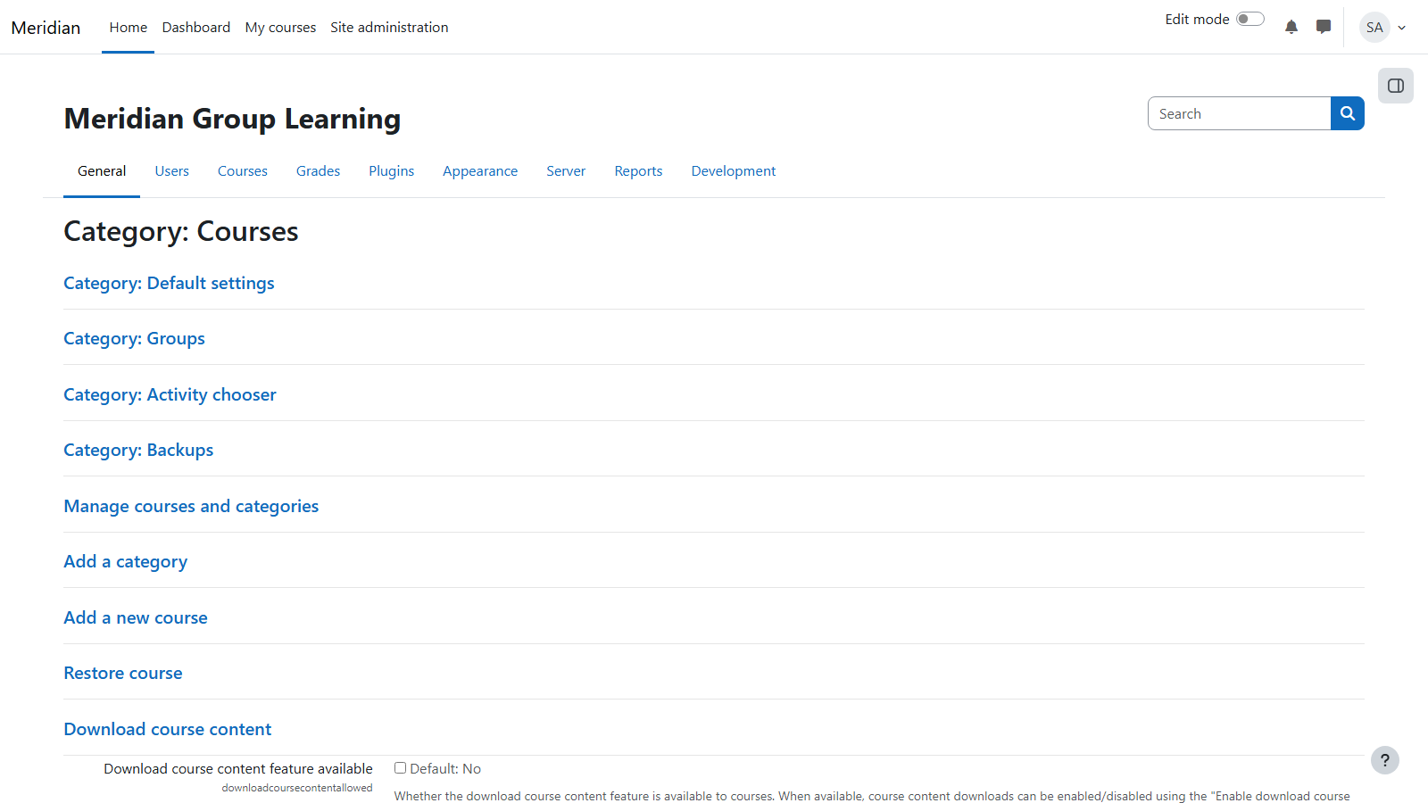 Site administration overview on a configured platform: roles, mail, backups green