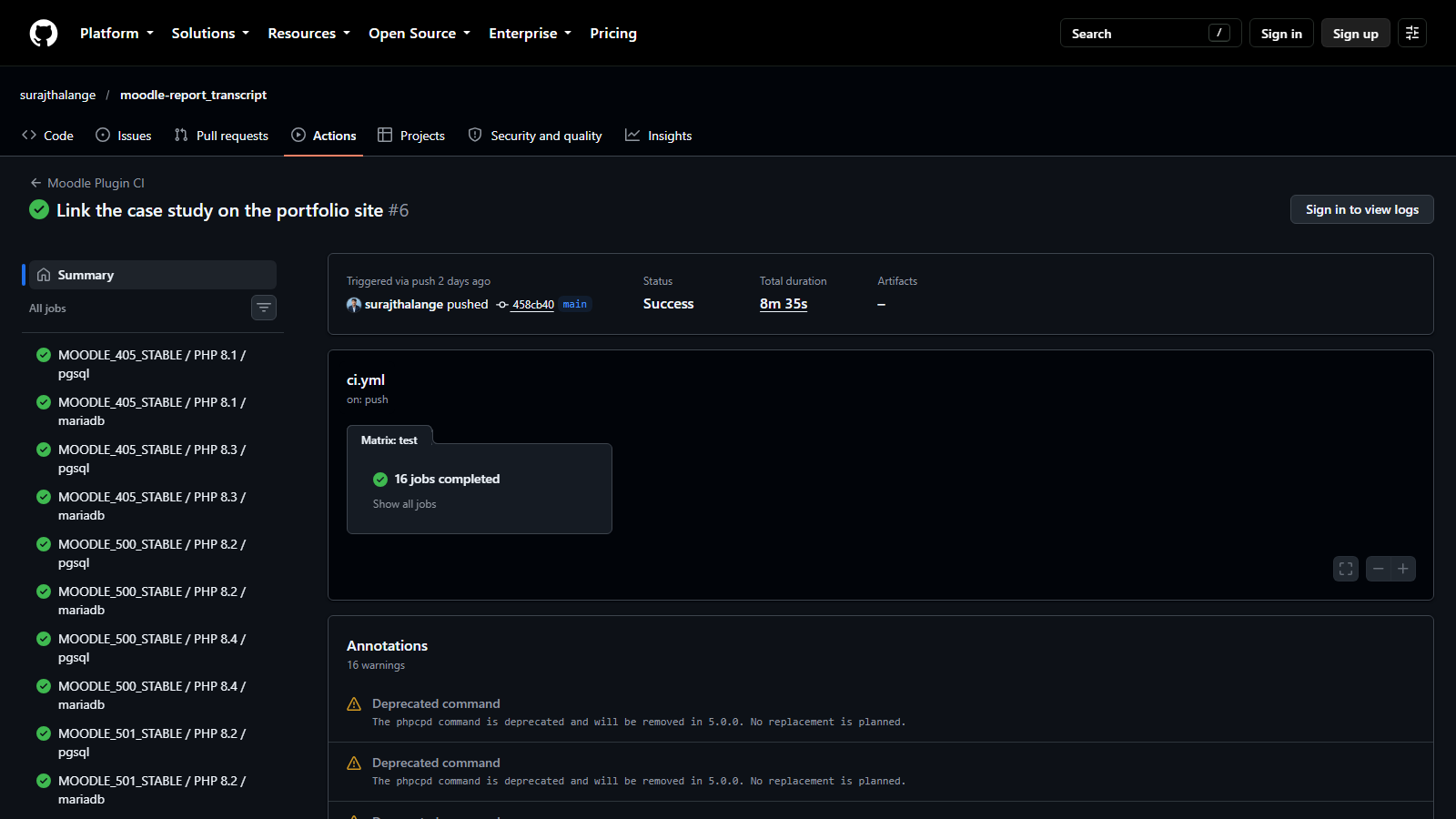 GitHub Actions matrix for a plugin: Moodle 4.5 to 5.2, PHP 8.1 to 8.4, two databases, all green