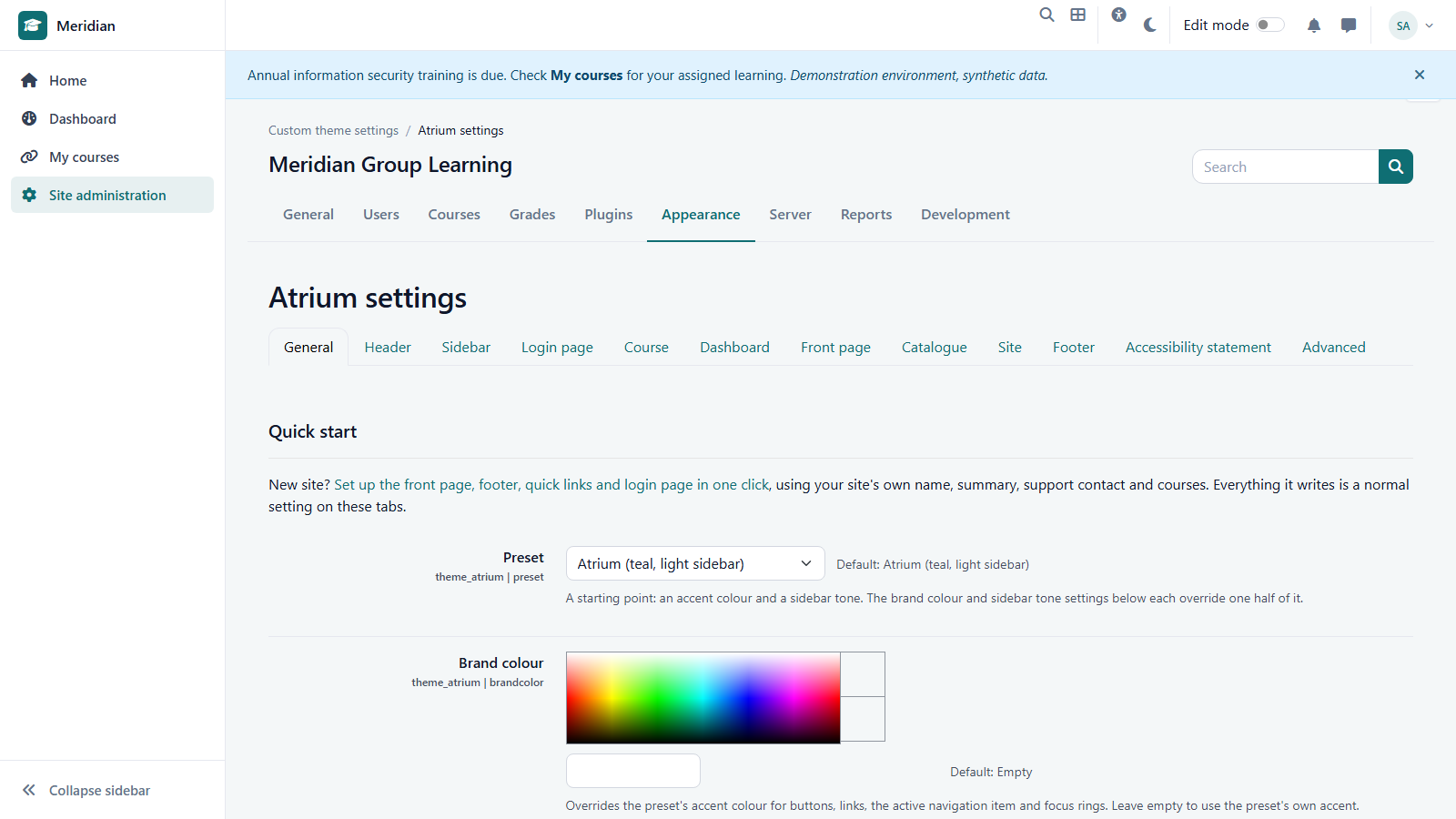 Atrium theme settings page: brand colour, presets, front page sections as settings