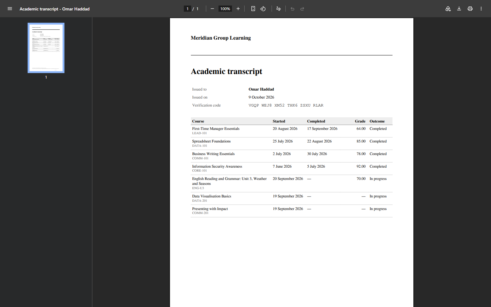 The A4 PDF open in a viewer: institution logo, learner name, rows, verification code