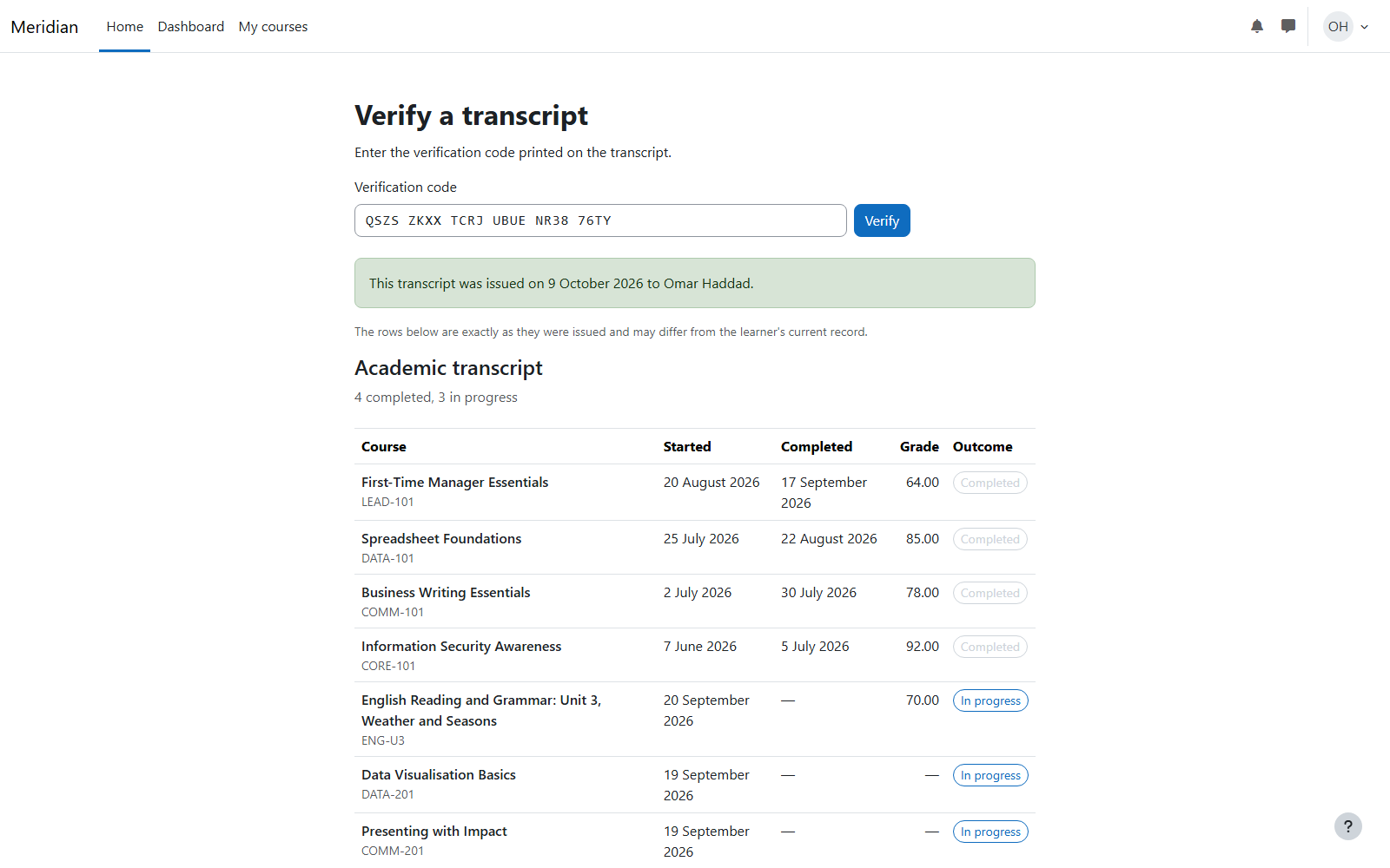 Verification page: a code entered, the issued snapshot shown with its date